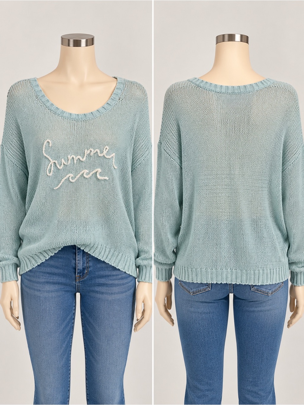 VINTAGE HAVANA Aqua & White Oversized Loose Knit Sweater size medium